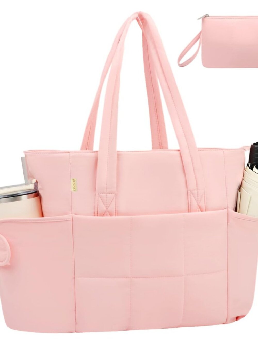 Puffer Tote Bag with Large Cup Holder& 15.6 Inch Laptop Compartment, Lightweight